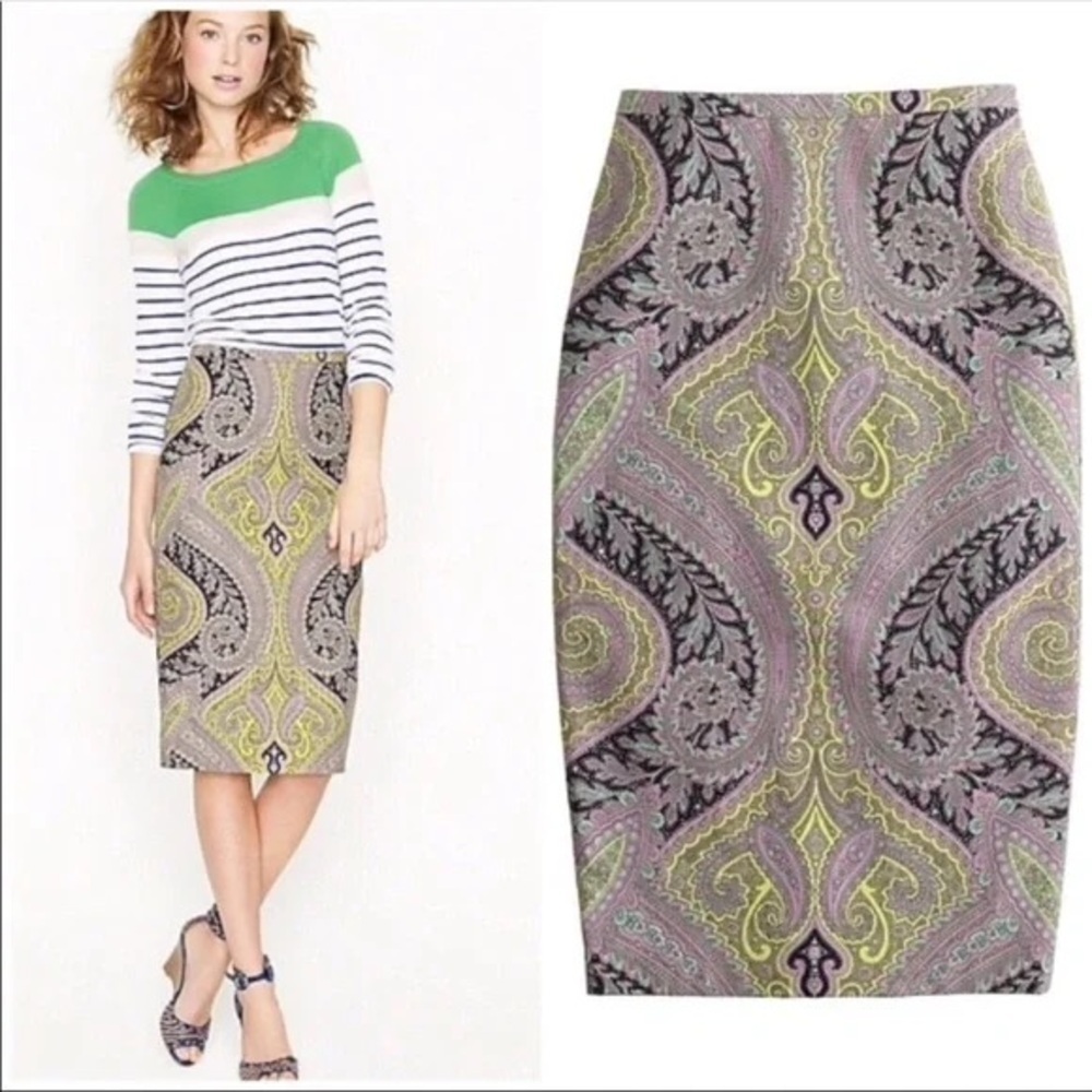 J Crew Sovereign Paisley Pencil Skirt in Purple / Yellow/ Green Sz 2